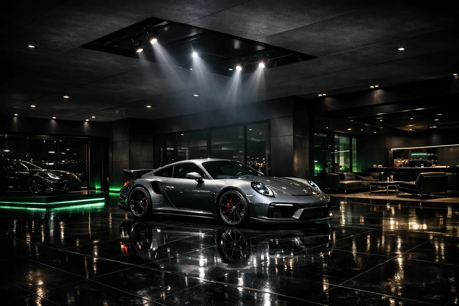 Premium dealership showroom with luxury sports car